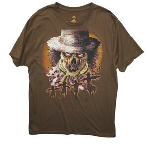 Men’s Brown Graphic T-Shirt – Evil Scarecrow Halloween Horror Theme – Size XL